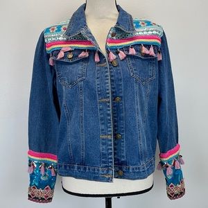 New Boho Denim Jean Jacket Blue Pink Fringe Retro Colorful Tassel  Vintage Y2K